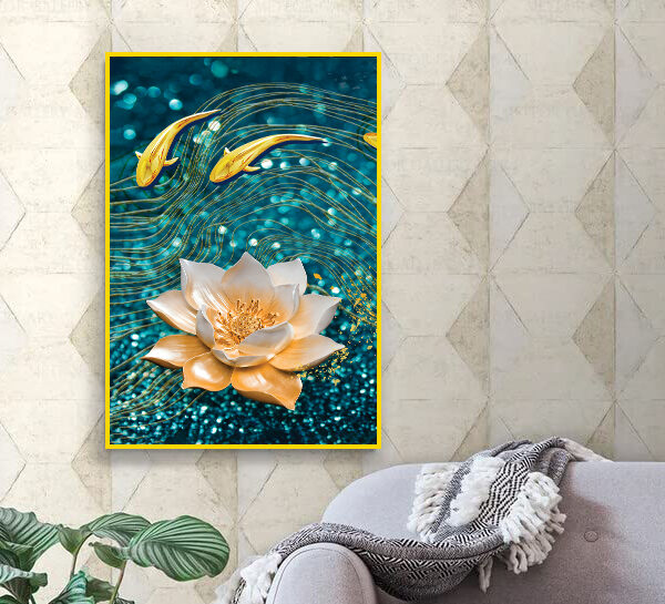 Modern Golden Lotus with Koi Fish Abstract Floating Frame Canvas Wall Painting