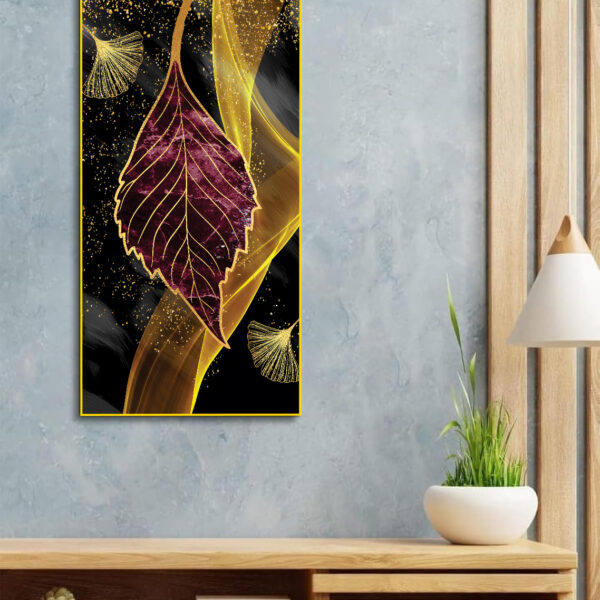 Golden Waves Shapes Turquoise and Red Leaf Feather  Floating Frame Canvas Wall Painting