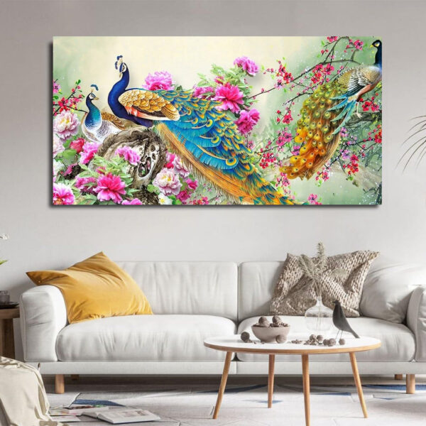 Beautiful Vibrant Peacock And Flower Nature Landscape Canvas Wall Painting