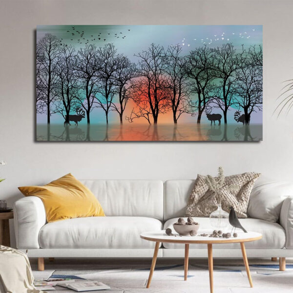 Beautiful Deer Silhouette Sunset Landscape Canvas Wall Painting