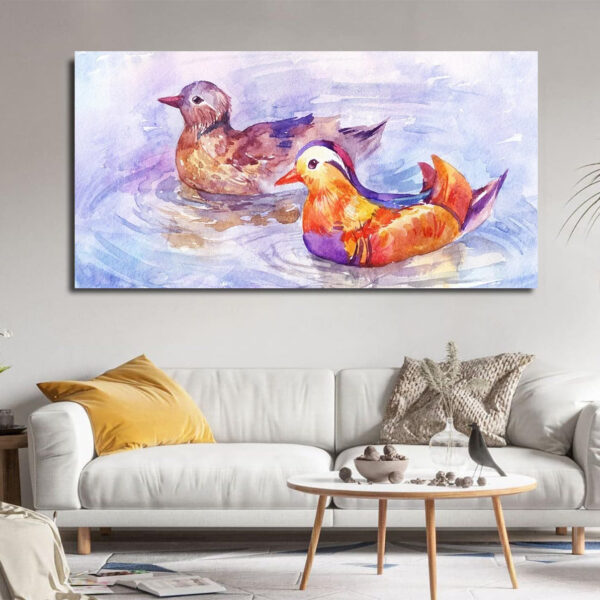 Beautiful Pair of Mandarin Ducks Swimming in Water Landscape Canvas Wall Painting