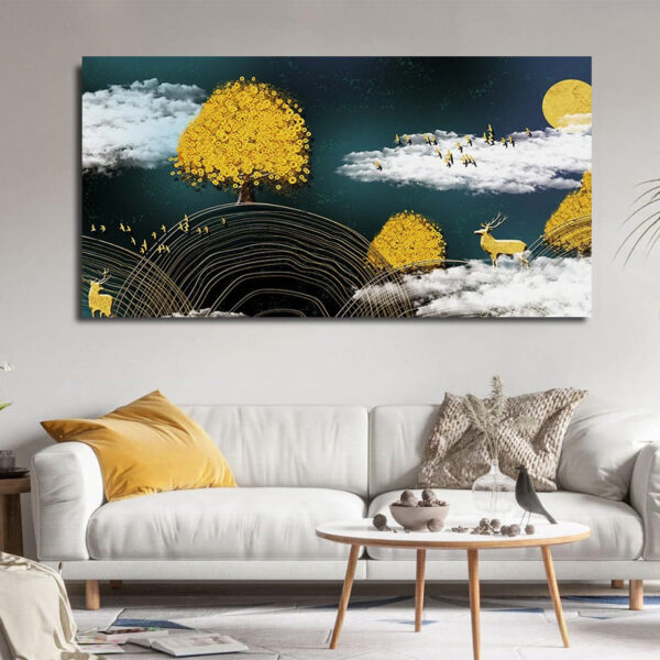 Beautiful a Golden Tree and Deer Motif Canvas Wall Painting