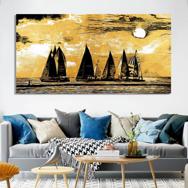 Beautiful sailboats on water with a golden sunset canvas