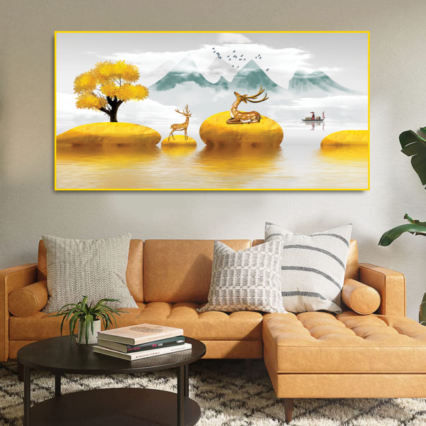 Beautiful Golden Tree & Deer on River wall art Floating Frame Canvas